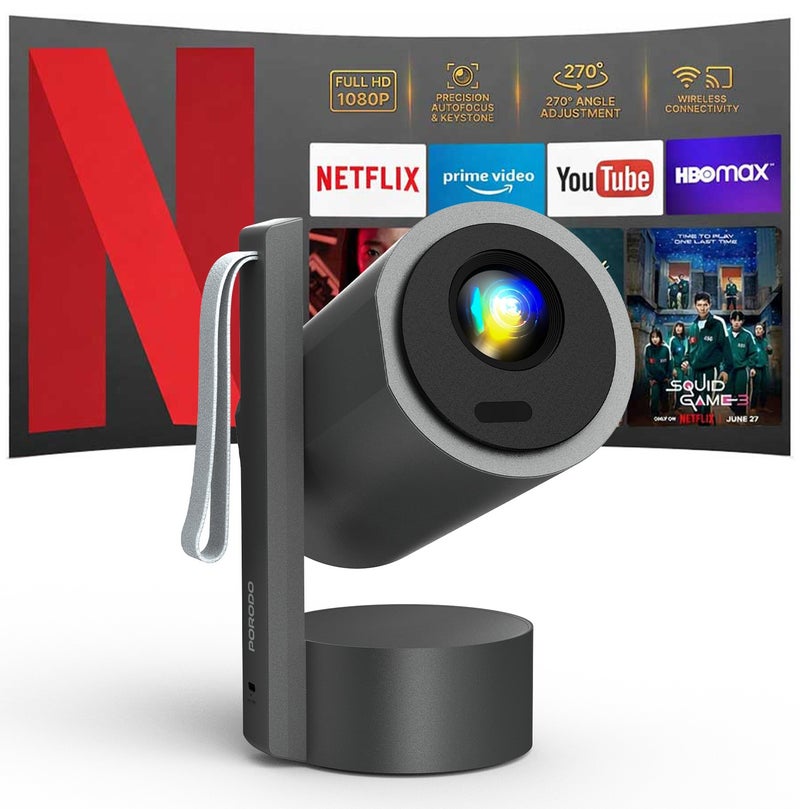 porodo Full HD Smart Projector with Auto Focus & Keystone/ 150" Ultra Wide Screen/Android/Speaker/ Bluetooth, HDMI, WiFi, USB / High-Resolution Projector for Office, Gaming, Movie, Home Theater - Grey - Image 1